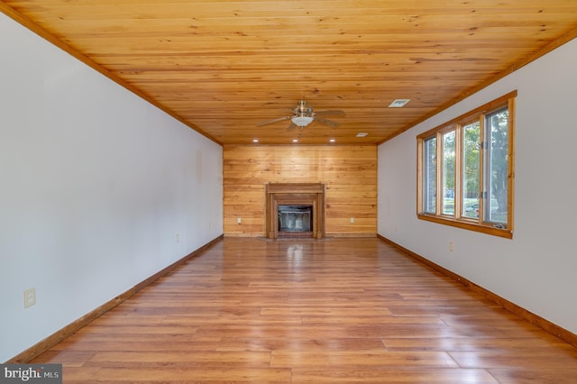 unfurnished living room featuring ceiling fan, wood ceiling, and light hardwood / wood-style flooring