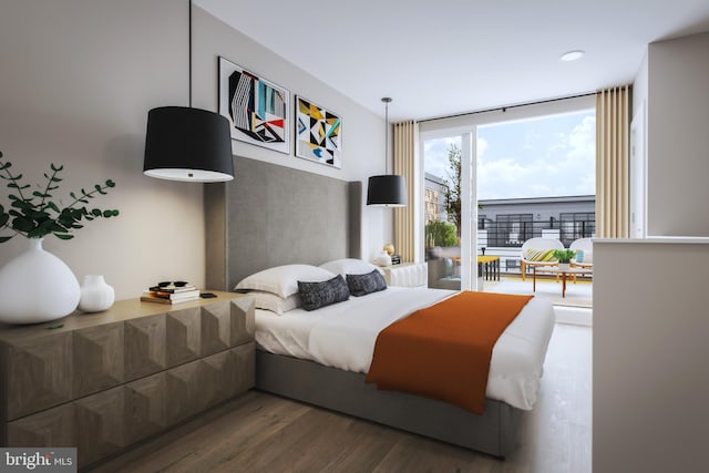 bedroom with dark hardwood / wood-style floors and floor to ceiling windows