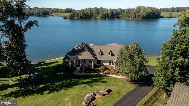 bird's eye view with a water view