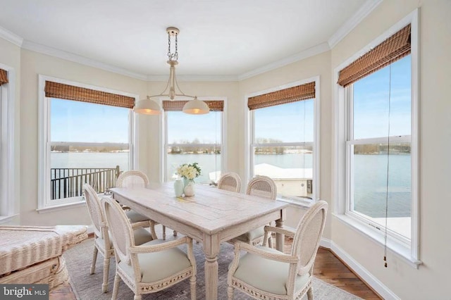 dining space featuring a water view, hardwood / wood-style flooring, and ornamental molding