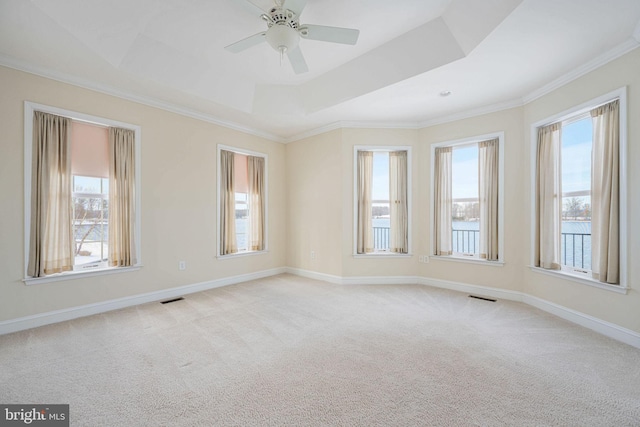 carpeted empty room with a raised ceiling, ceiling fan, and crown molding