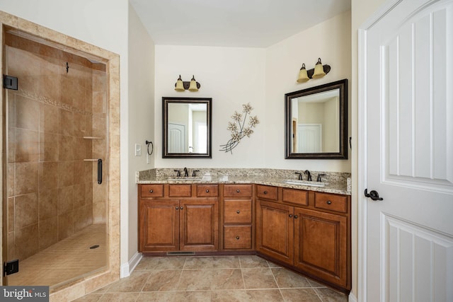 bathroom featuring tile patterned floors, vanity, and an enclosed shower