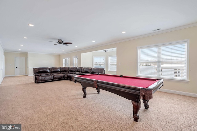 game room with light colored carpet, crown molding, and billiards