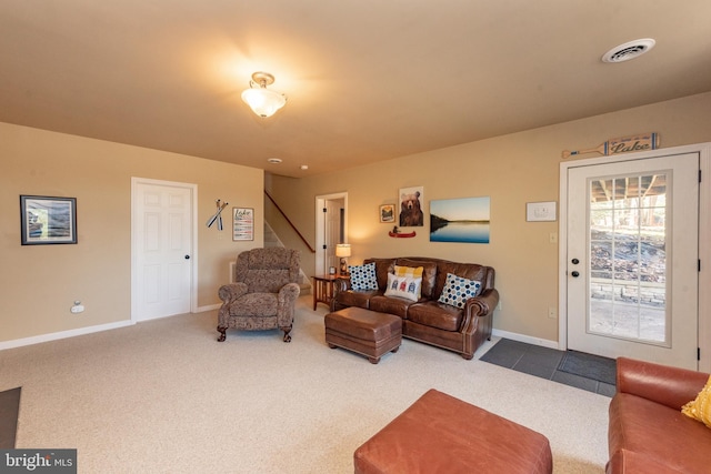 428 Pinnacle Dr, Swanton, MD 21561 - carpeted living room with baseboards and visible vents
