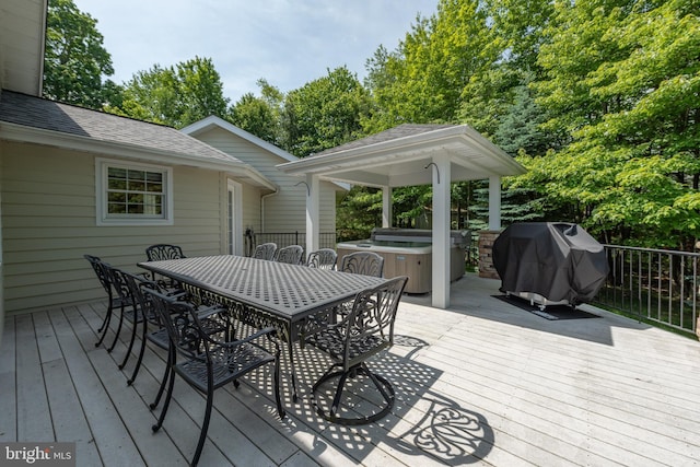 428 Pinnacle Dr, Swanton, MD 21561 - wooden terrace featuring outdoor dining area, a gazebo, a grill, and a hot tub