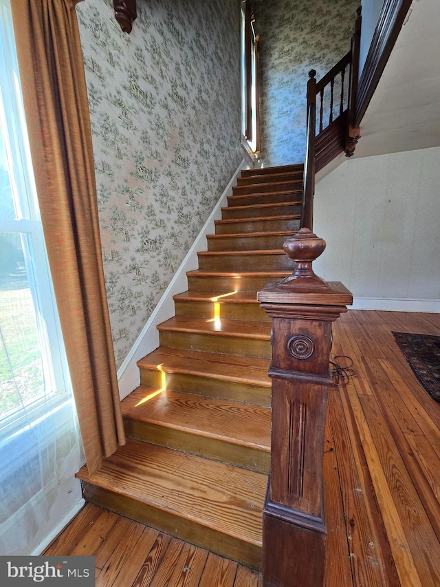 stairs featuring hardwood / wood-style floors