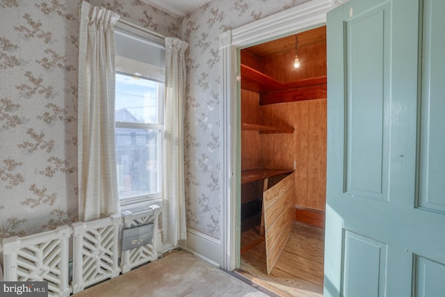 view of sauna featuring hardwood / wood-style floors and wooden walls