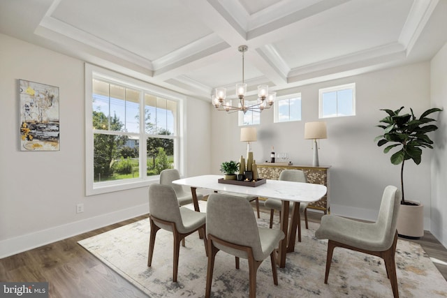 dining room with beam ceiling, wood-type flooring, coffered ceiling, crown molding, and a chandelier