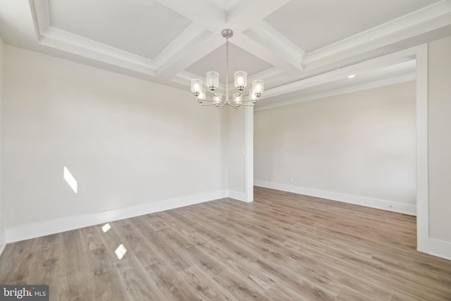 spare room featuring hardwood / wood-style floors, beam ceiling, a chandelier, crown molding, and coffered ceiling