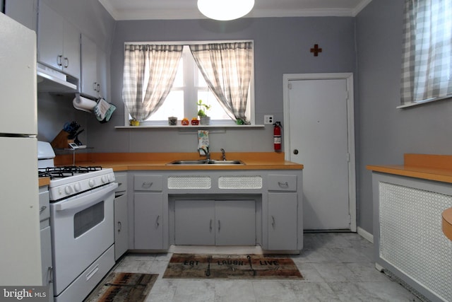 kitchen with sink, crown molding, and white appliances