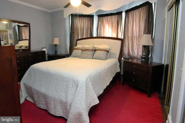 bedroom featuring crown molding, dark colored carpet, and ceiling fan