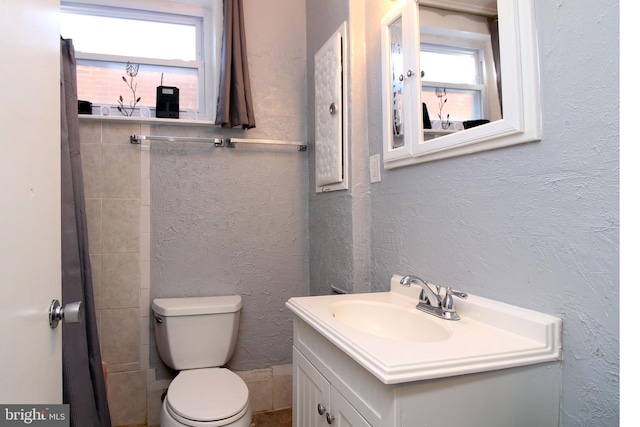 bathroom with toilet, vanity, and a wealth of natural light