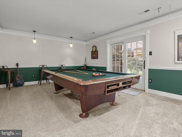 playroom featuring ornamental molding, light carpet, and pool table