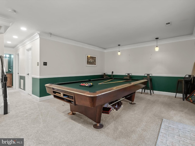 game room featuring light carpet, ornamental molding, and billiards