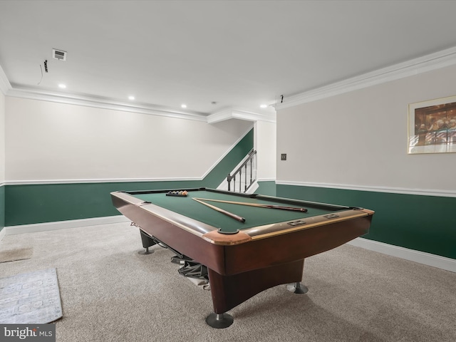 recreation room featuring crown molding, carpet floors, and pool table