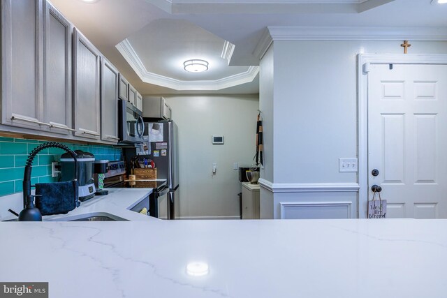 kitchen featuring crown molding, stainless steel appliances, a raised ceiling, decorative backsplash, and sink