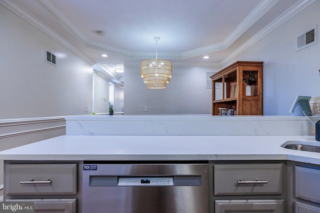 kitchen featuring a chandelier, stainless steel dishwasher, crown molding, and gray cabinetry