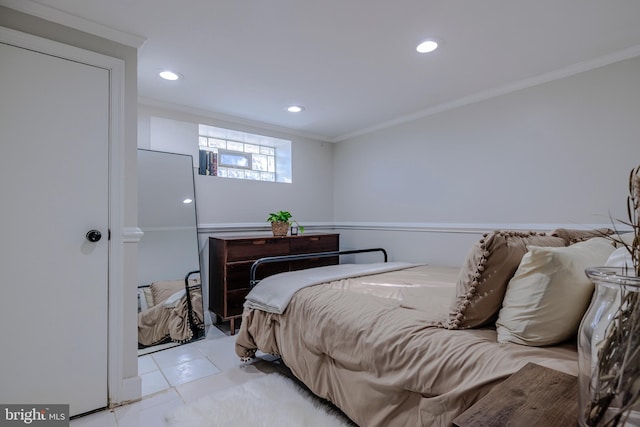 bedroom with light tile patterned flooring and ornamental molding