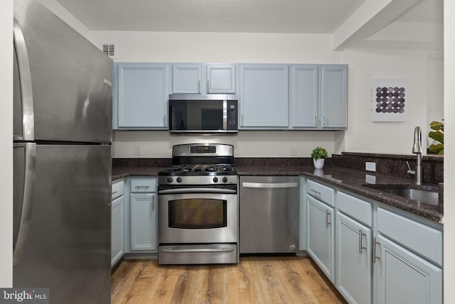 kitchen with a textured ceiling, dark stone countertops, sink, light hardwood / wood-style floors, and stainless steel appliances