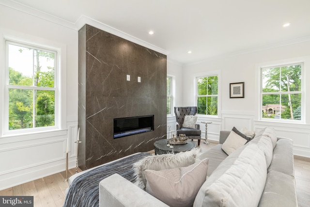 living room with ornamental molding, light wood-type flooring, and a high end fireplace