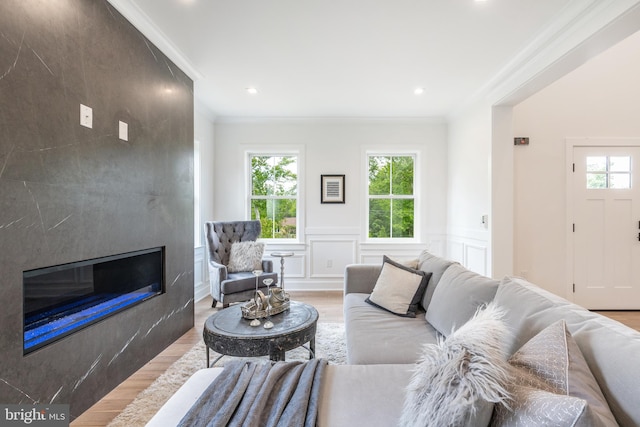 living room with ornamental molding, light wood-type flooring, and a premium fireplace