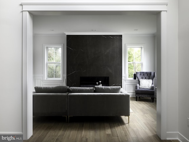 living room with ornamental molding, a premium fireplace, and wood-type flooring