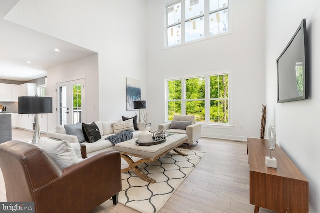 living room with a high ceiling, light hardwood / wood-style floors, and plenty of natural light