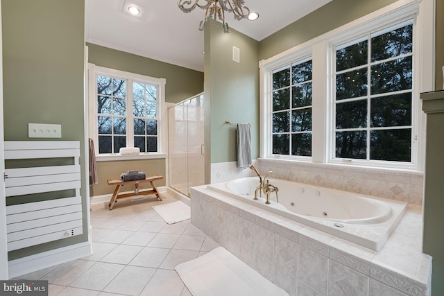 full bath featuring tile patterned flooring, a notable chandelier, a tub with jets, a stall shower, and crown molding