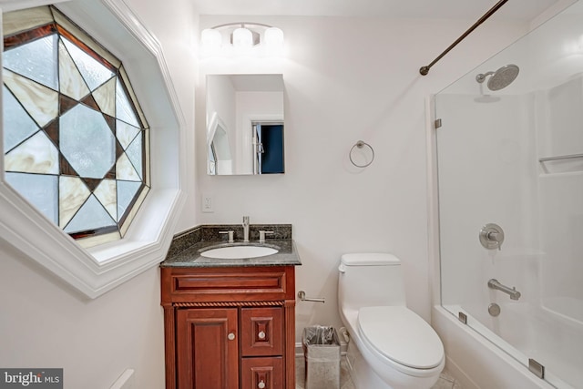 full bathroom with shower / bath combination, vanity, and toilet