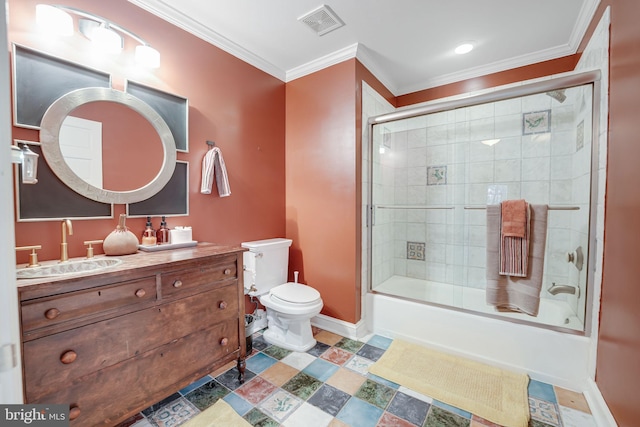 bathroom featuring baseboards, visible vents, toilet, ornamental molding, and vanity