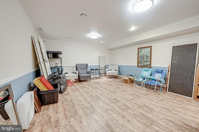 recreation room with recessed lighting, visible vents, and crown molding