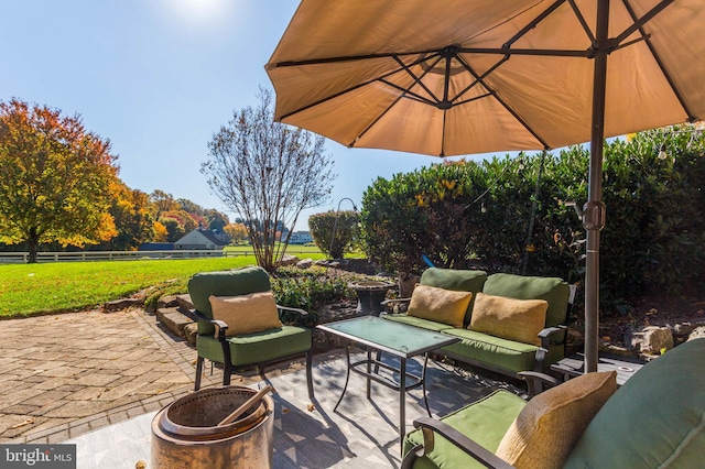 view of patio / terrace with fence and an outdoor living space