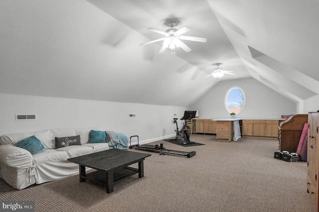 workout room featuring light colored carpet, a ceiling fan, baseboards, vaulted ceiling, and visible vents