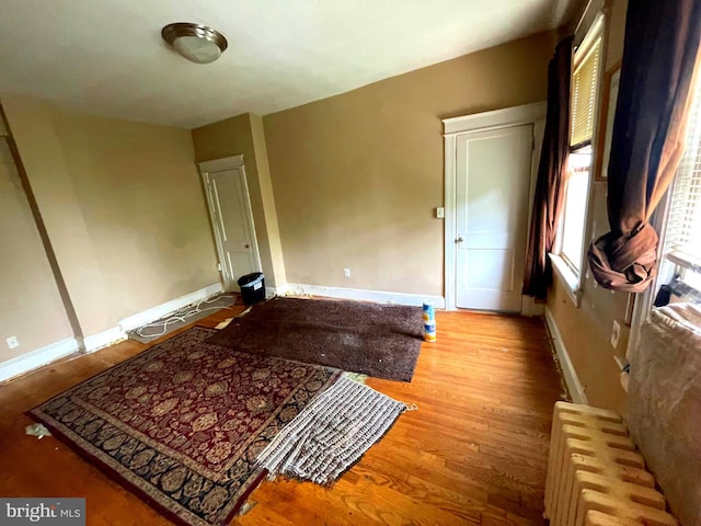 unfurnished room with radiator heating unit and light wood-type flooring