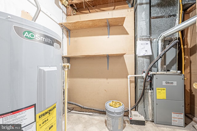 utility room with electric water heater and heating unit