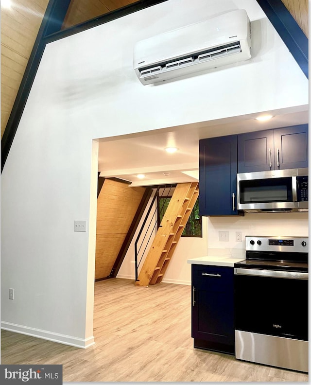 kitchen with wood ceiling, blue cabinetry, light hardwood / wood-style flooring, an AC wall unit, and stainless steel appliances