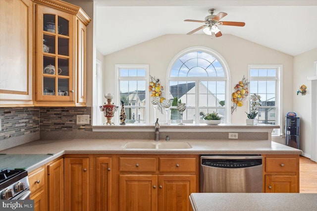 kitchen featuring stainless steel appliances, backsplash, sink, vaulted ceiling, and light hardwood / wood-style floors