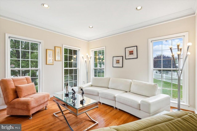 living room featuring ornamental molding, light wood-type flooring, and a wealth of natural light