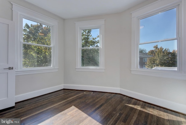 unfurnished room with dark hardwood / wood-style flooring and a healthy amount of sunlight