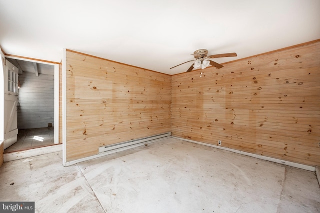 spare room with ceiling fan and wood walls