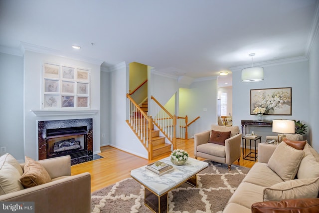 living room with crown molding, a fireplace, and light hardwood / wood-style floors