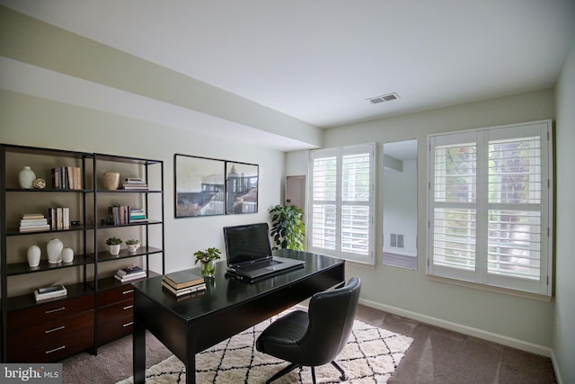 view of carpeted home office