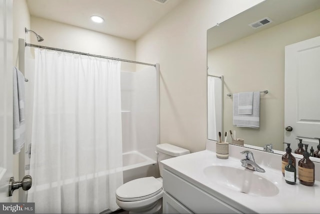 full bathroom with vanity, toilet, and shower / bathtub combination with curtain