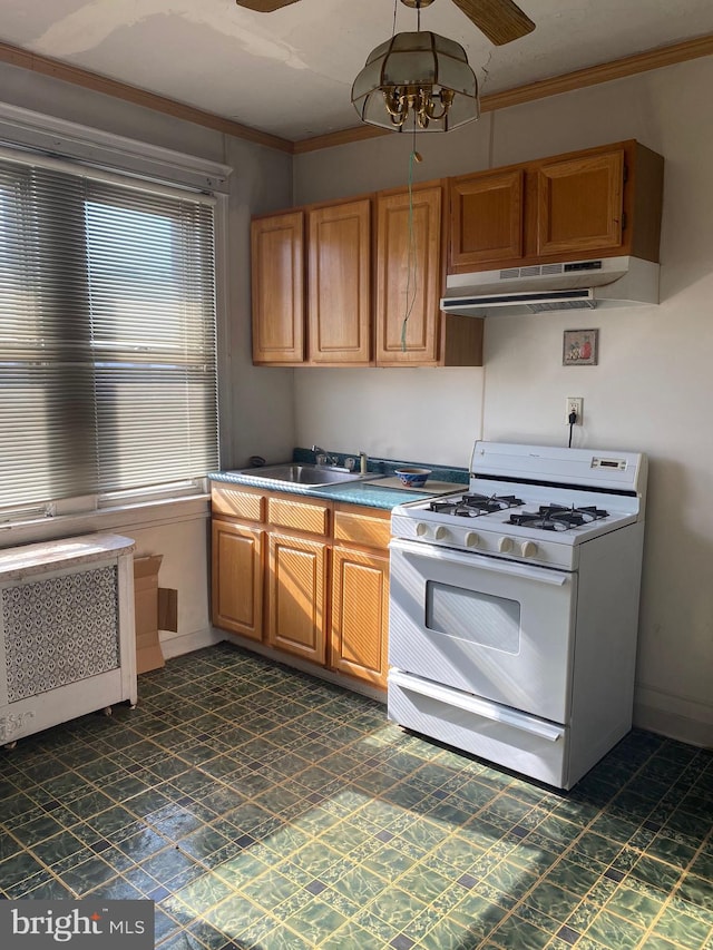 kitchen with crown molding, white gas stove, sink, and decorative light fixtures