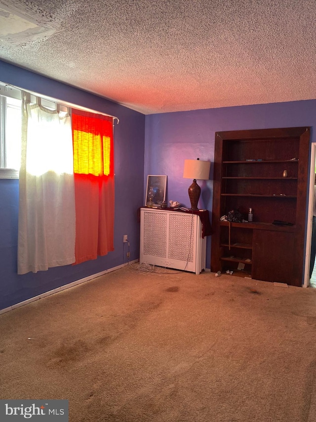 unfurnished bedroom with a textured ceiling and carpet