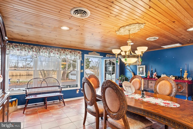 dining area featuring a wealth of natural light, light tile patterned flooring, wood ceiling, and an inviting chandelier