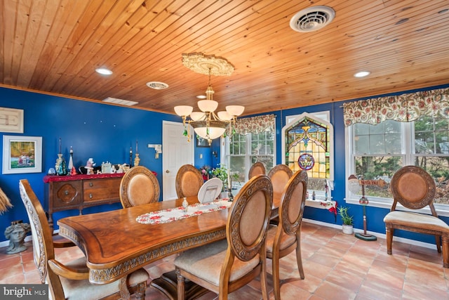 dining area featuring a notable chandelier, wooden ceiling, and plenty of natural light