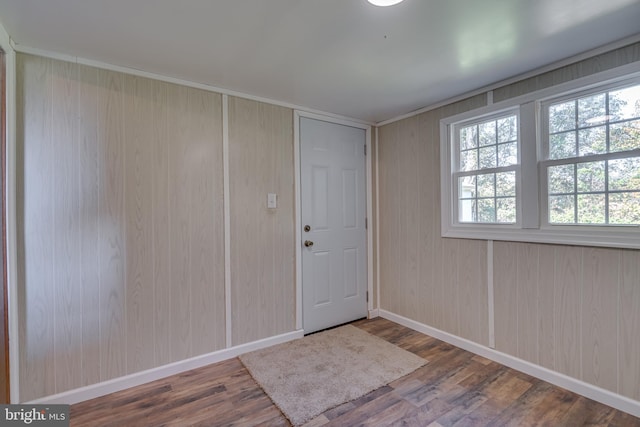 entryway featuring wooden walls and dark hardwood / wood-style flooring