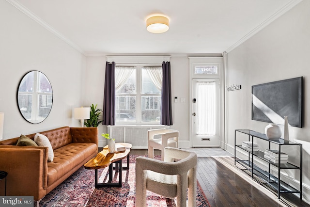 living room with ornamental molding and hardwood / wood-style flooring