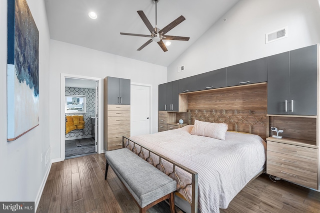 bedroom with high vaulted ceiling, dark wood-type flooring, and ceiling fan